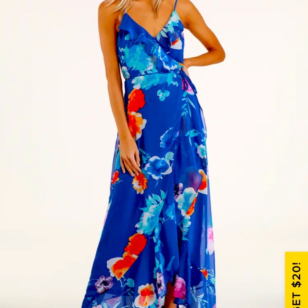 Royal Blue Floral Print Ruffled Wrap Maxi Dress
